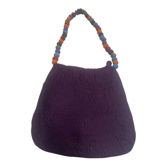RISING TIDE Purple Hand Stitch Round Wool Felt Ball Bag Boho Artsy Hippie Nepal - Picture 14 of 14
